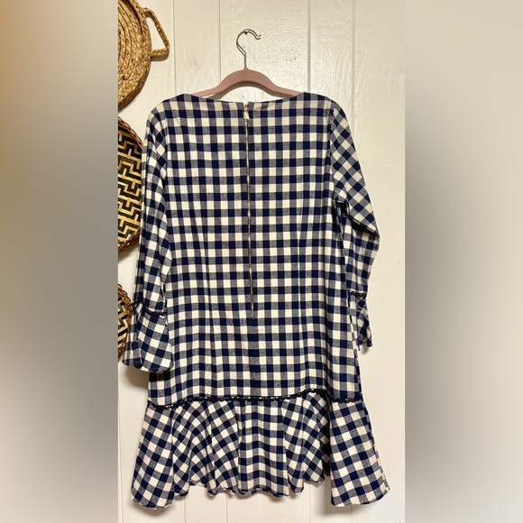 SAIL to SABLE NAVY GINGHAM LONG SLEEVE RUFFLE HEM DRESS SIZE M - Picture 8 of 10